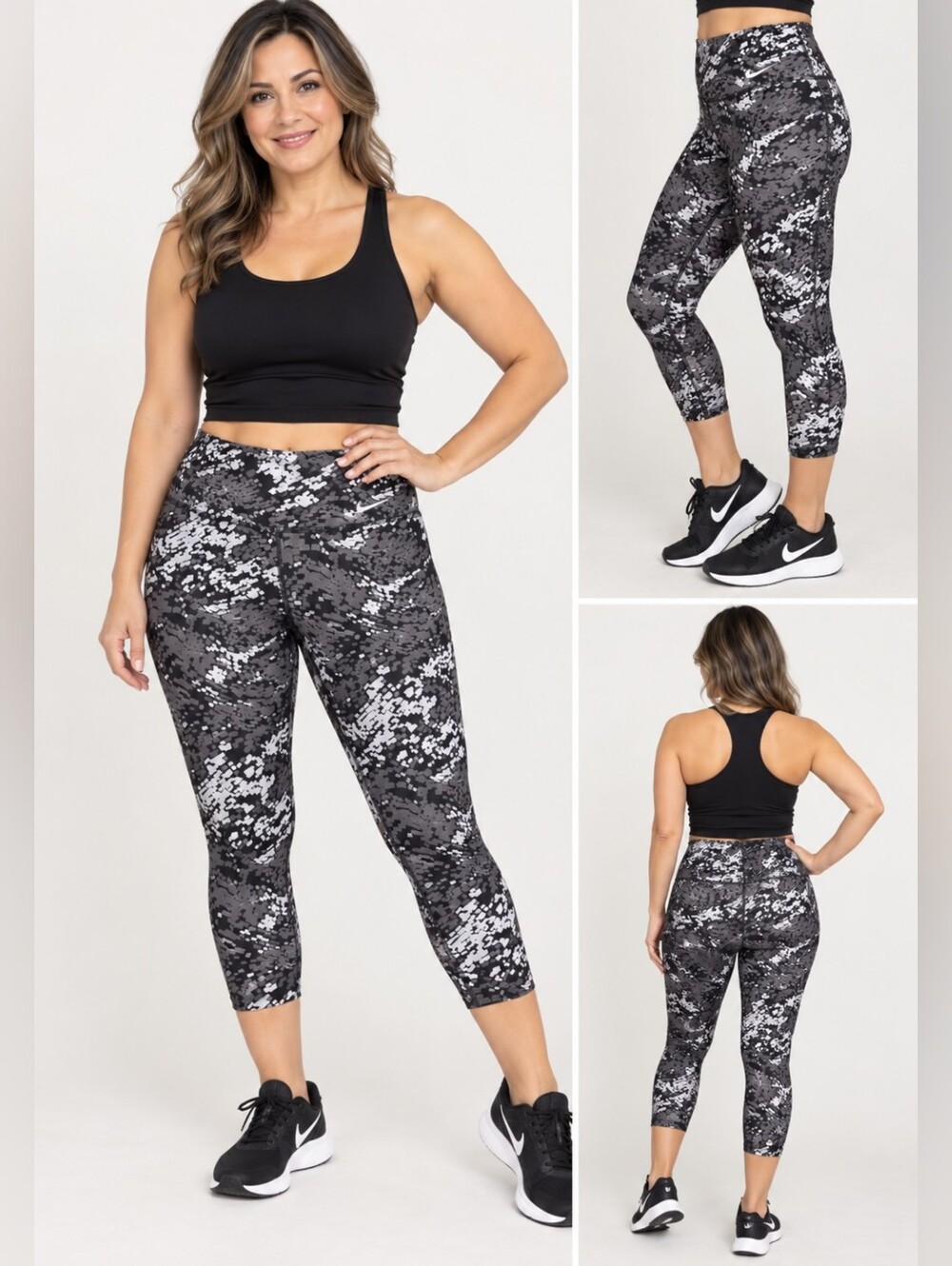 Nike Women’s Size M Dri-FIT Printed Capri Leggings Black Gray White Athletic